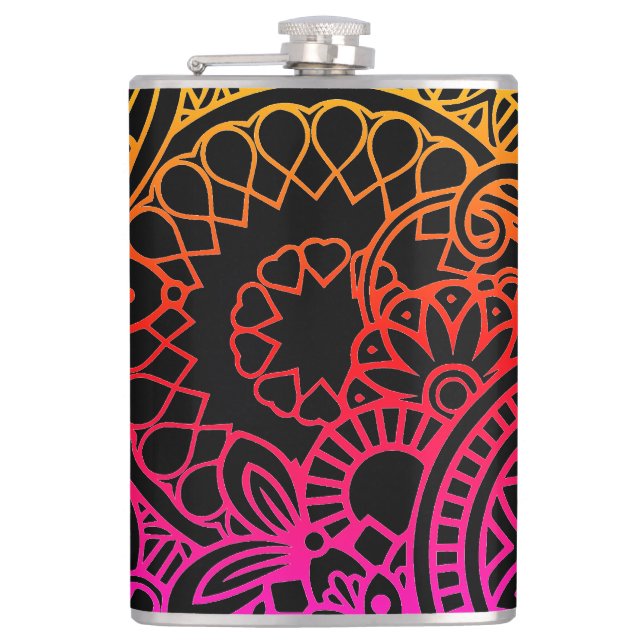 Orangene violette Blumen und schwarzer Hintergrund Flachmann (Vorderseite)