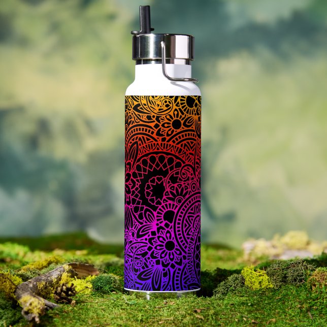 Orangene violette Blumen und schwarzer Hintergrund Trinkflasche ( Außenbereich (gedreht))