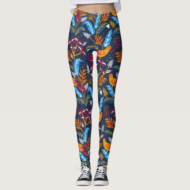 Orangene Vögel und botanische Fernen Whimsical Leggings (Vorderseite)