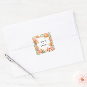 Orangene Wasserfarbe Tulpen-Rand Hochzeitspaar Quadratischer Aufkleber