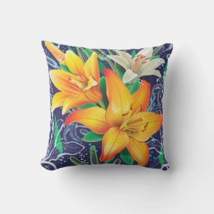 Orangene weiße Lilien Floral Navy Blau Wurf Kissen