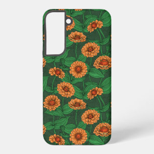 Orangene Zinnienblüten, grüne Blätter auf dunkelgr Samsung Galaxy Hülle
