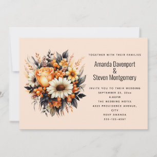 Orangener Gelber Grauer Blumenstrauß Hochzeit Einladung