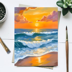 Orangener Meer Sonnenuntergang Aquarell Ozeanwelle Postkarte