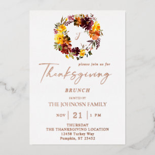 Orangener und gelber floraler Thanksgiving-Kranz Folieneinladung