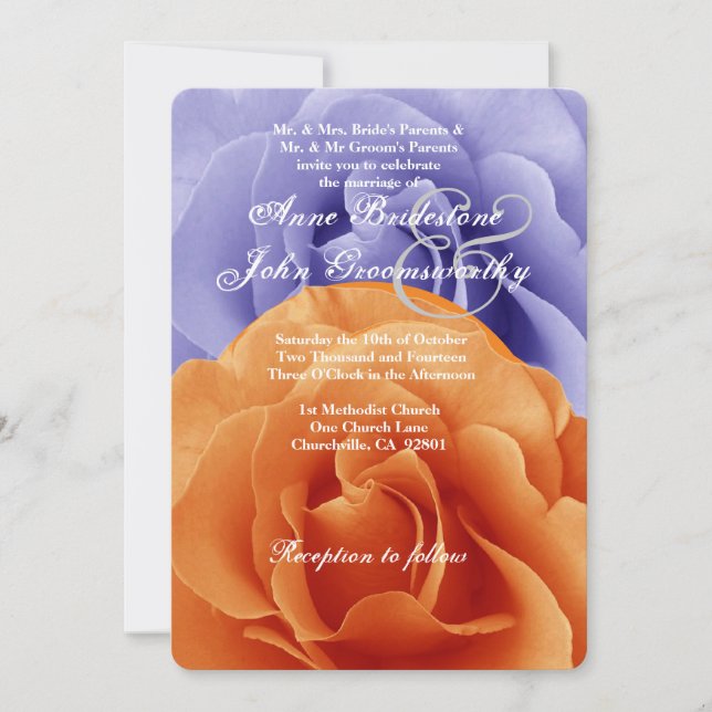 Orangenflame und Lila Rose Hochzeitsvorlage A5 Einladung (Vorderseite)