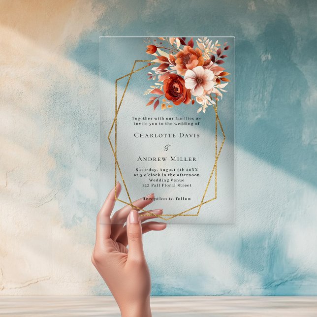 Orangenflorale Goldfarben, geometrische Hochzeit Acryleinladungen (Von Creator hochgeladen)