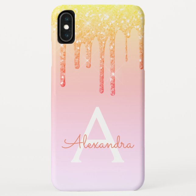 Orangengelbe Blende-Glitzer Monogramm Case-Mate iPhone Hülle (Rückseite)