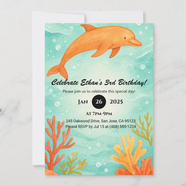 Orangengelbe Dolphin & Korallenriff Geburtstag Einladung (Vorderseite)
