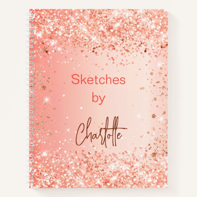 Orangenheft-Rose Gold Glitzer Namenskript Notizbuch (Vorderseite)