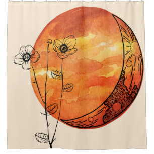 Orangenmond und Mohn-Blume Duschvorhang