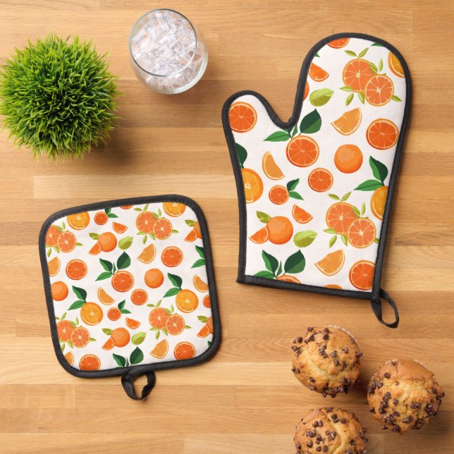 Orangenmuster Ofenhandschuh & Topflappen-Set (Oben Unten)