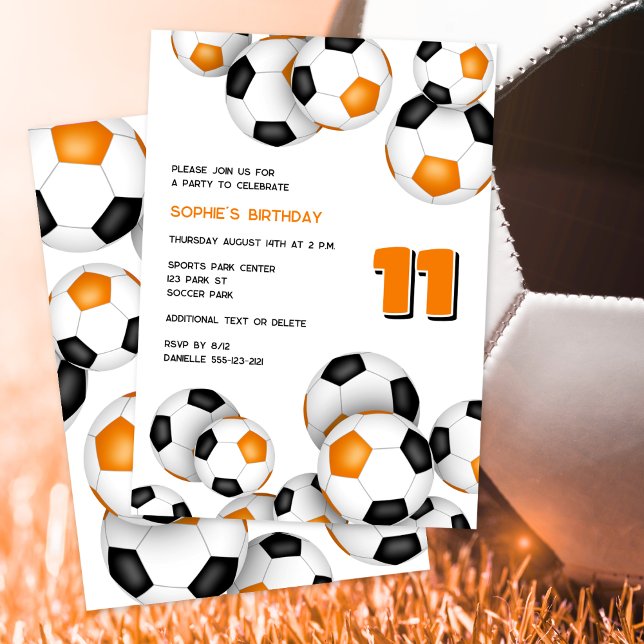 Orangenschwarze Fußballbälle Mädchen Geburtstag vo Einladung (Von Creator hochgeladen)