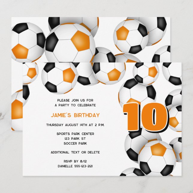 Orangenschwarze Mannschaftsfarben Fußball Party Einladung (Vorne/Hinten)