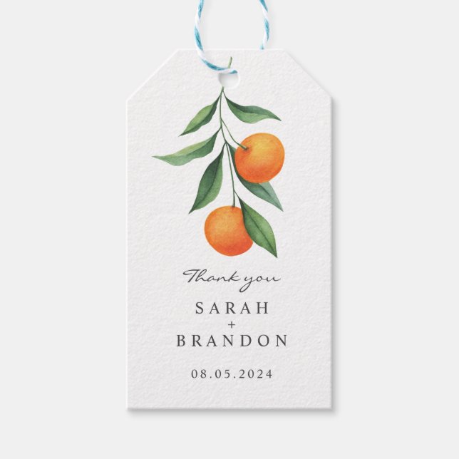 Orangenzitrus Sommerhochzeit Geschenkanhänger (Vorderseite)