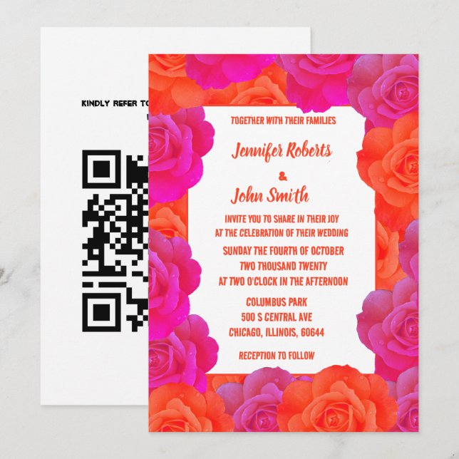OrangePink Floral QR Rose Abstrakte Hochzeit Einladung (Vorne/Hinten)
