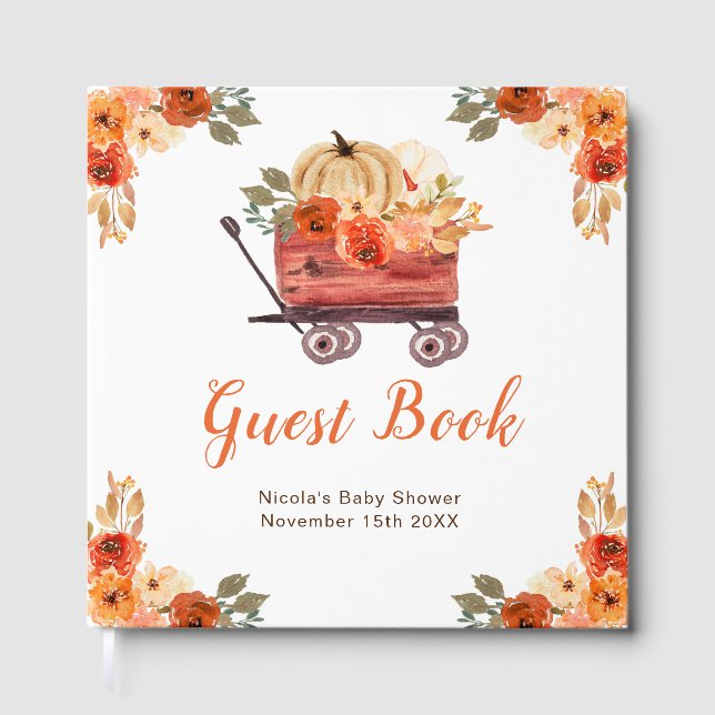 Oranger Blumiger Kürbiswagen Baby Shower Gästebuch (Vorderseite)