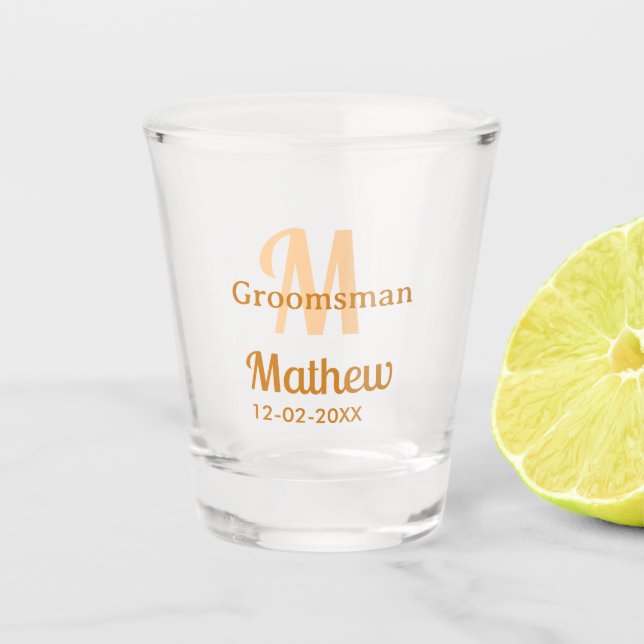 Oranger Brautführer-Name Buchstabe Datum männlich  Schnapsglas (Vorderseite)