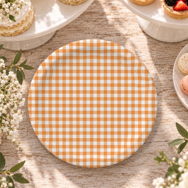 Oranger Gingham-Herbst-Kürbis-Party Pappteller (Von Creator hochgeladen)