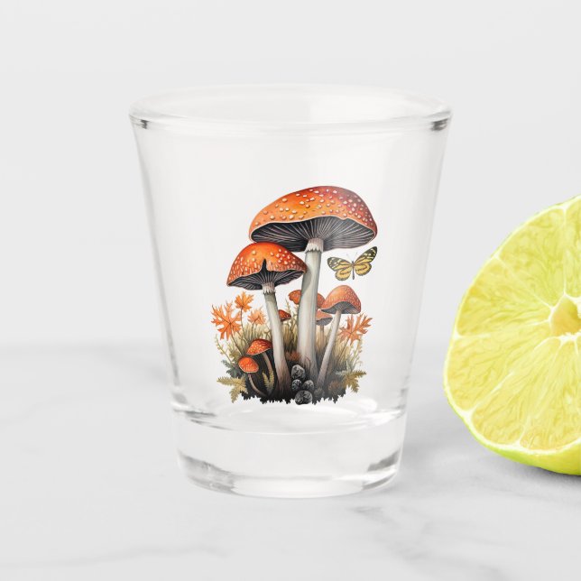 Oranger Herbstwaldpilze Schnapsglas (Vorderseite)