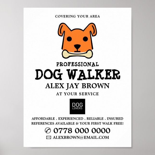Oranger Hund mit Knochen, Werbung für Hunde Walker Poster (Vorne)
