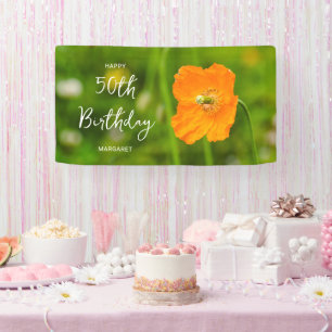 Oranger Klatschmohn auf grünem Happy 50. Geburtsta Banner