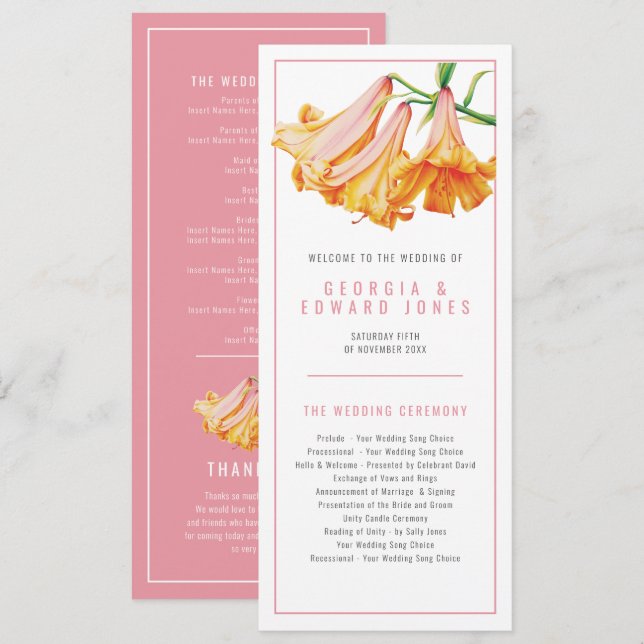 Oranger Korallilien-Wasserfarben-Blumen-Hochzeit Programm (Vorne/Hinten)