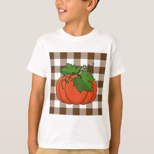 Oranger Kürbis auf weißem braunem karierten Muster T-Shirt