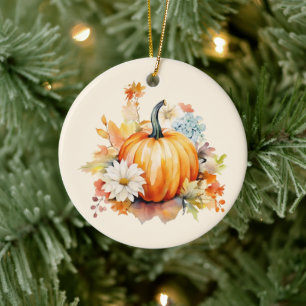 Oranger Kürbis und Blumen Herbst Keramik Ornament