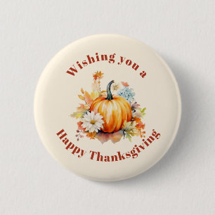Oranger Kürbis und Blumen Herbst Thanksgiving Button