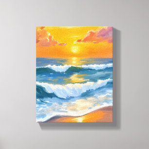 Oranger Meer Sonnenuntergang Aquarell Ozeanwellen  Leinwanddruck
