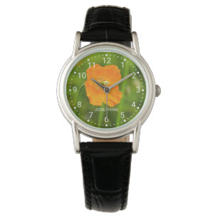Oranger Mohnblumen-Foto auf Grün und benutzerdefin Armbanduhr