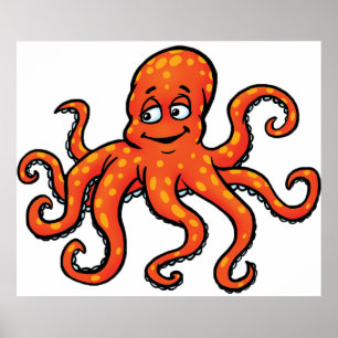 Oranger Oktopus Cartoon Ozean Meerestier Poster