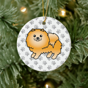Oranger Pomeranian Süßer Cartoon-Hund & Pfoten Keramik Ornament