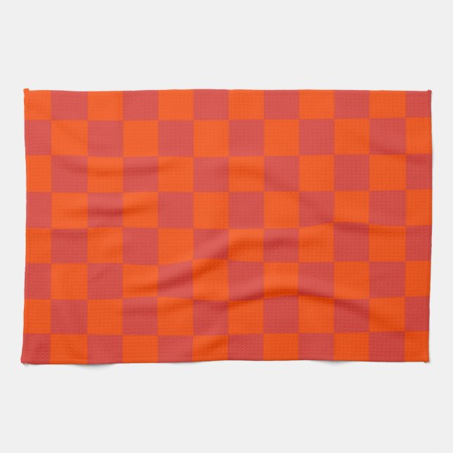 Oranger roter karierter Gingham-Muster Geschirrtuch (Horizontal)