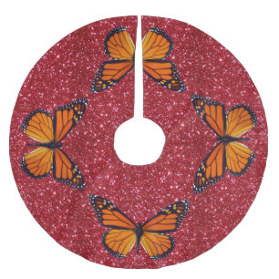 Oranger Schmetterling auf rotem Glitter-Tannenbaum Polyester Weihnachtsbaumdecke