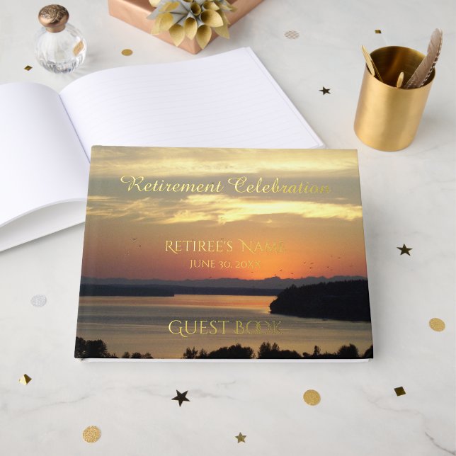 Oranger Sonnenuntergang Ruhestandsfeier Gästebuch (Vorderseite offen)
