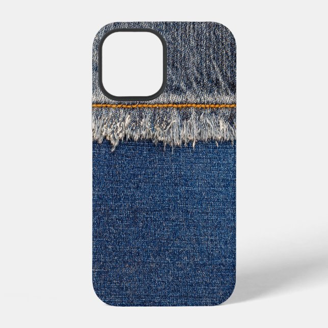 Oranger Stich, doppeltes Denim-Patch. iPhone 12 Hülle (Rückseite)