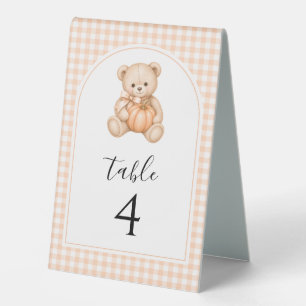 Oranger Teddybär mit Kürbis Baby Shower Tischnumme Tischaufsteller