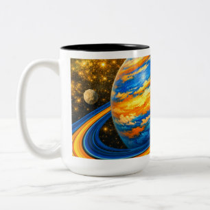 Oranger und blauer Planet mit Ringen Zweifarbige Tasse
