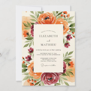 Orangerot malerische Blumige Hochzeit Einladung