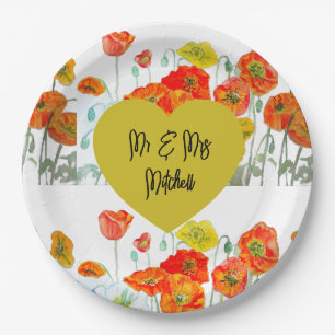 Orangerote Klatschmohn-Blumen-Aquarell-Hochzeitsdi Pappteller