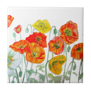 Orangerotes Mohnblumen-Wasserfarben-Blumenmuster-K Fliese