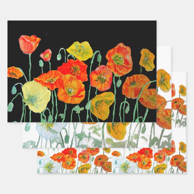 Orangerotes Mohnblumenmuster Wasserfarbe Geschenkpapier Set (Set)
