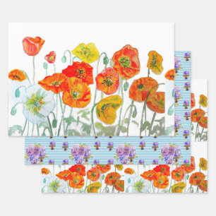 Orangerotes Mohnblumenmuster Wasserfarbe Geschenkpapier Set