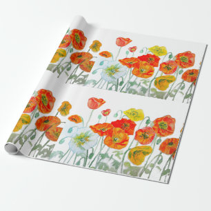 Orangerotes Mohnblumenmuster Wasserfarbe Hochzeit Geschenkpapier