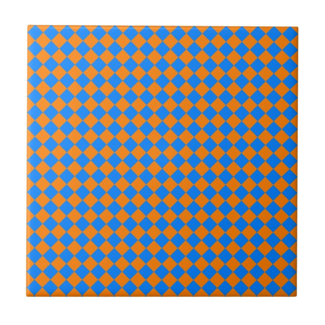 Oranges Blaues Schachbrett-Diamantmuster Fliese (Vorderseite)