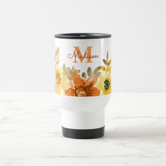 Oranges Blumenmonogramm Namensgeschenk Reisebecher (Mittel)