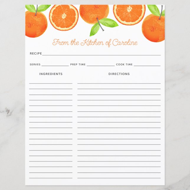Oranges Citrus Fruit Recipe Card Binder Insert (Vorderseite)