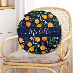 Oranges Citrus Sommer Floral Botanisches Muster Rundes Kissen